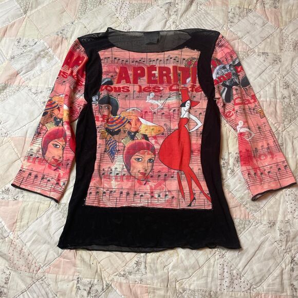 clio rare y2k half solid half mesh top with pink graphic - Picture 4 of 8